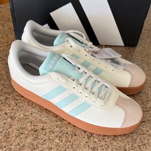 adidas VL Court Base Sneakers with Tiffany Blue Stripes and Gum Sole NEW